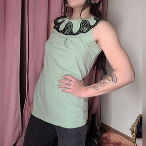 Mint Green + Black Lace Collar Tunic